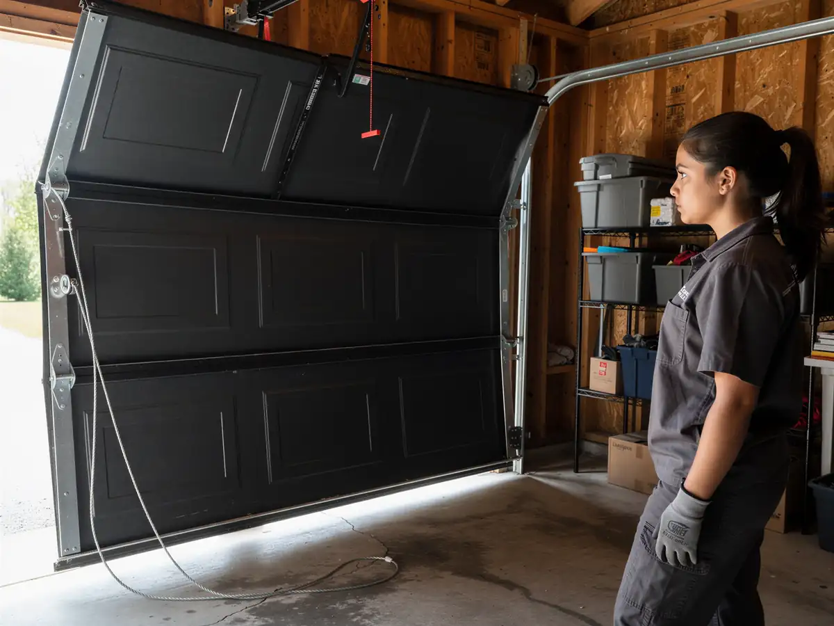A technician stands in a garage looking at a black garage door that is partially open.