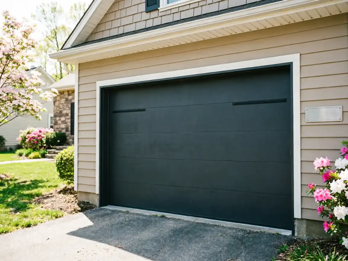 A dark gray garage door is on a tan house with white trim and landscaping.
